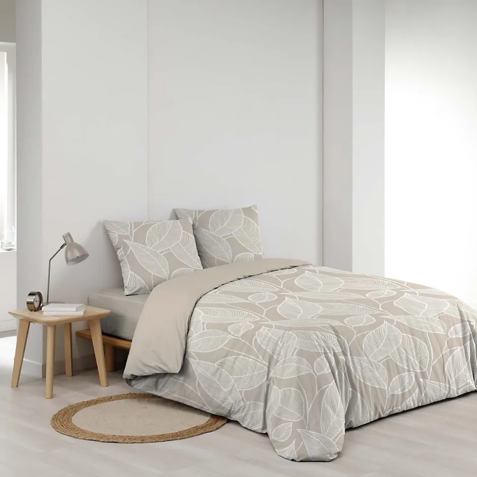 Douceur D'Intérieur Housse de couette 240 x 220 cm coton 57 fils imprimé feuillage AMANDA Naturel + 2 taies Hot