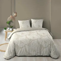 Douceur D'Intérieur Housse de couette 240 x 220 cm coton 57 fils imprimé feuillage AMANDA Naturel + 2 taies Hot