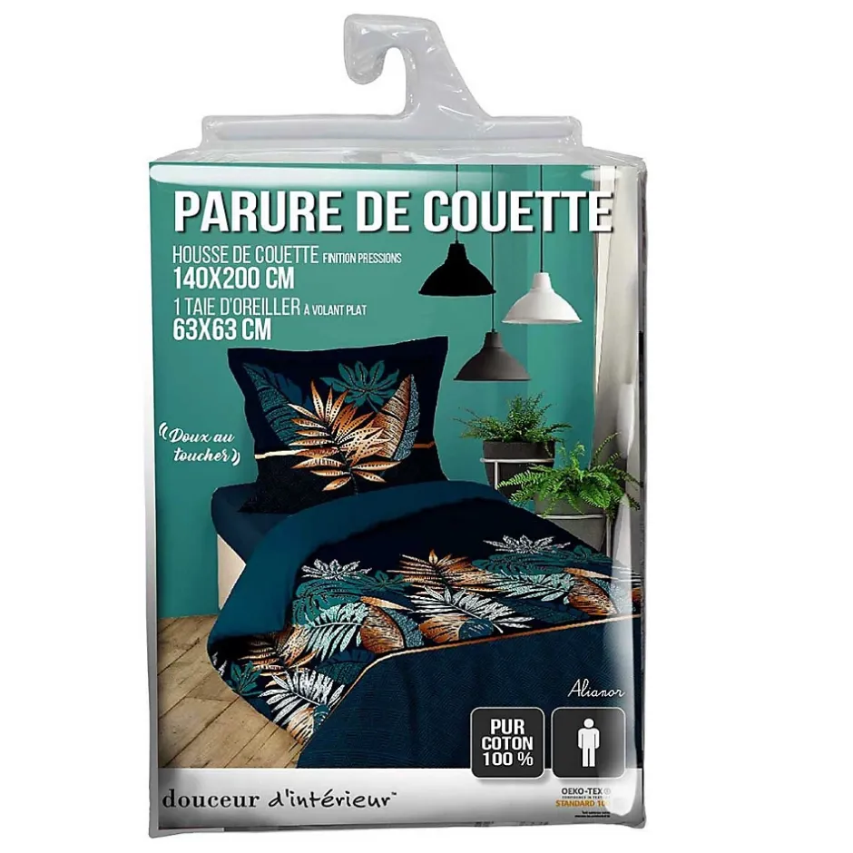 Douceur D'Intérieur Housse de couette 140 x 200 cm en coton Alianor Bleu Imprimé tropical chic Outlet