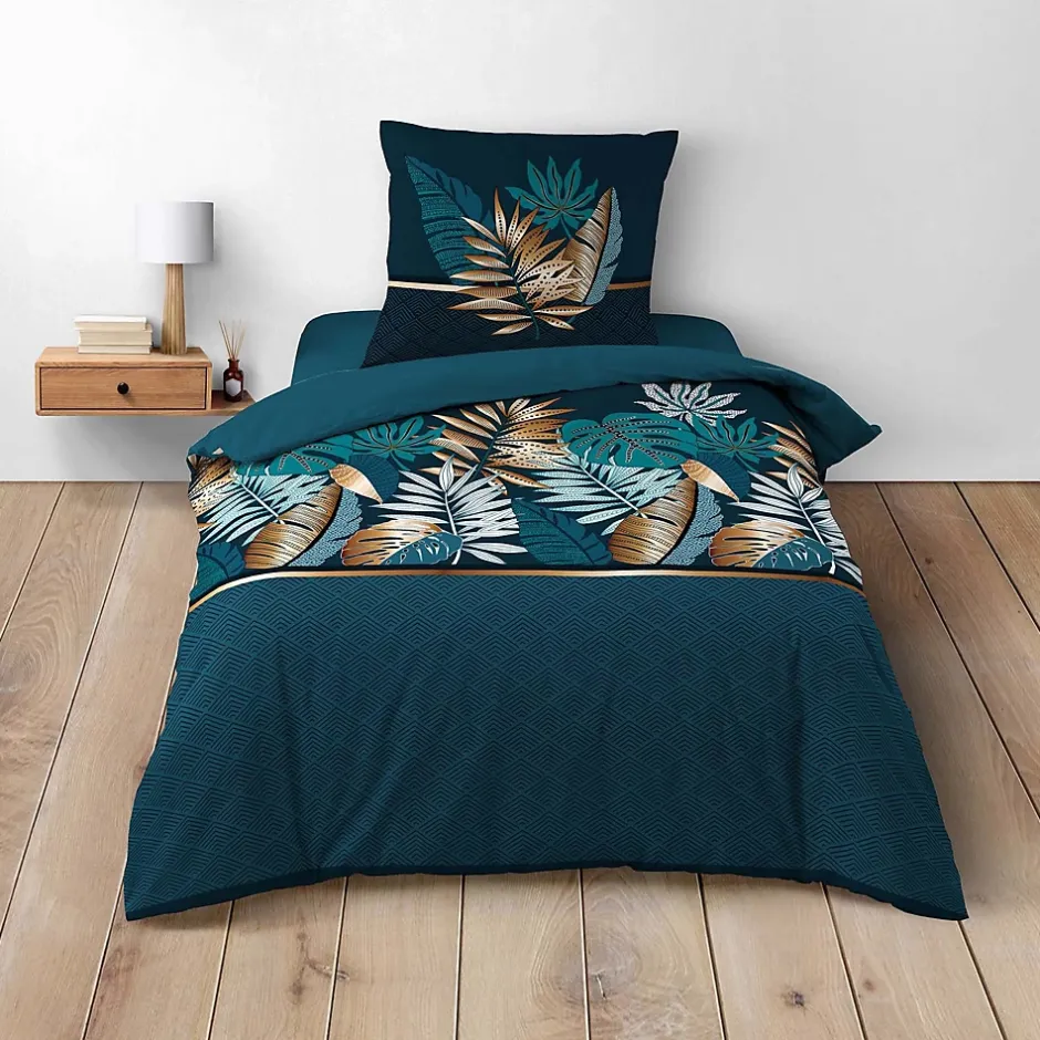 Douceur D'Intérieur Housse de couette 140 x 200 cm en coton Alianor Bleu Imprimé tropical chic Outlet