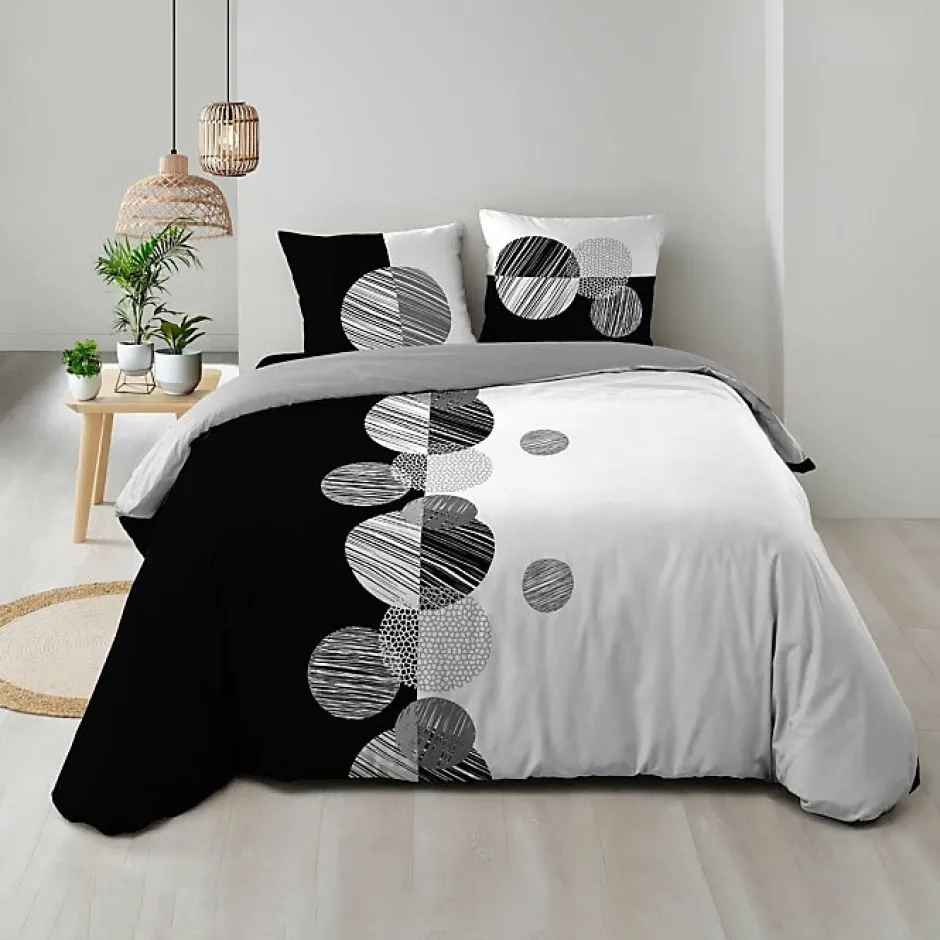 Douceur D'Intérieur Housse de Couette 240 x 220 cm + 2 Taies 100 % Coton 57 Fils Stormi Noir & Blanc New