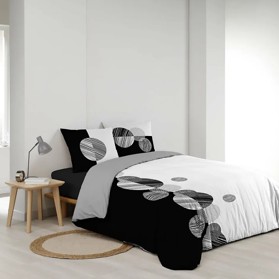 Douceur D'Intérieur Housse de Couette 240 x 220 cm + 2 Taies 100 % Coton 57 Fils Stormi Noir & Blanc New