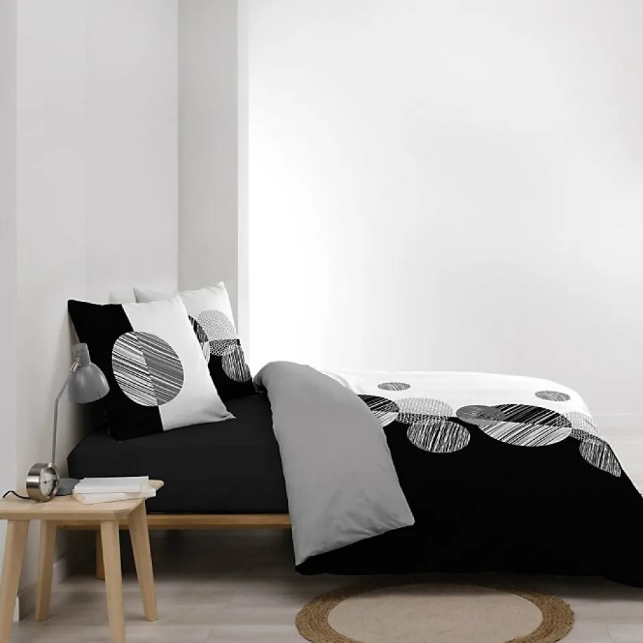 Douceur D'Intérieur Housse de Couette 240 x 220 cm + 2 Taies 100 % Coton 57 Fils Stormi Noir & Blanc New