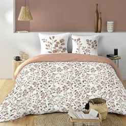 Douceur D'Intérieur Housse de couette 240 x 220 cm coton 57 fils MAIWEN Mocha + 2 taies Motif végétal
