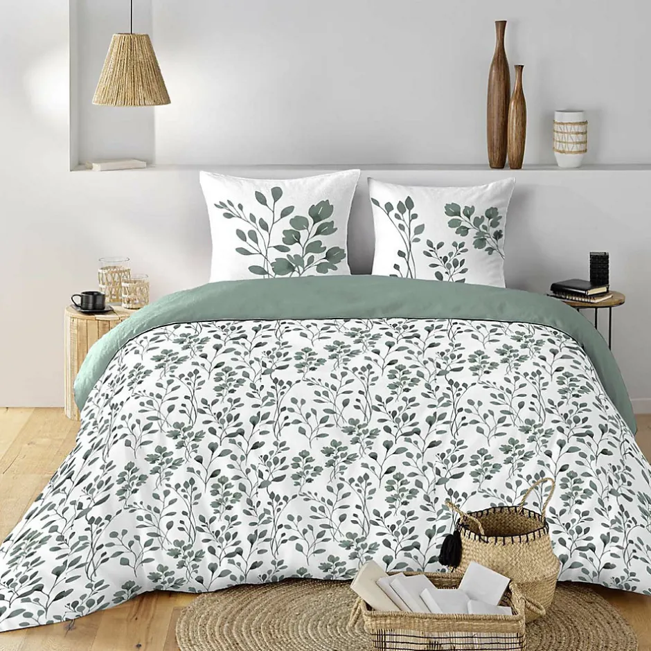 Douceur D'Intérieur Housse de couette 240 x 220 coton naturel 57 fils MAIWEN Sauge + 2 taies Hot