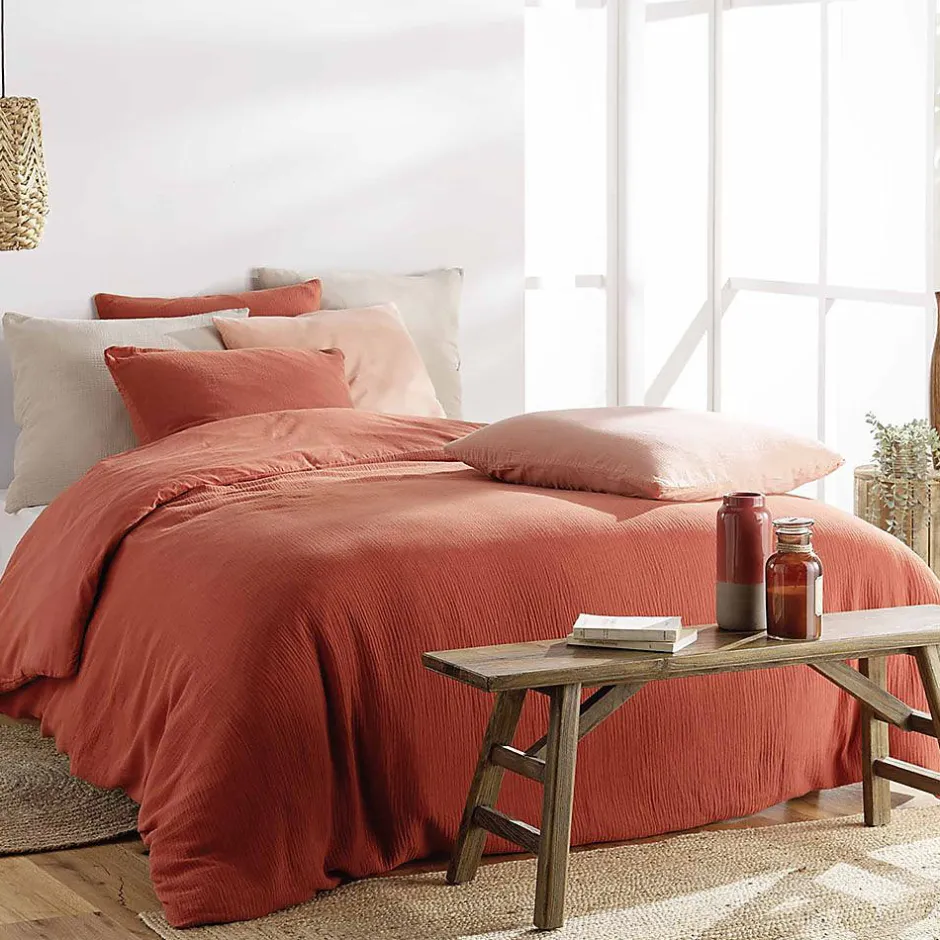 Douceur D'Intérieur Housse de couette double gaze coton uni Terracotta - 220x240cm - Terre cuite Outlet