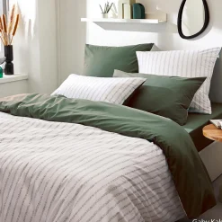 Tradilinge Housse de couette en percale de coton à rayures (240x220 cm - Vert Olive)