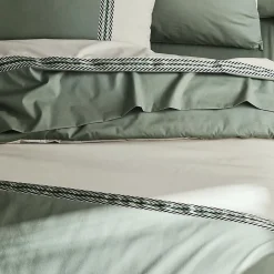 Tradilinge Housse de couette en percale de coton au galon géométrique (240x220 cm - Vert Olive)