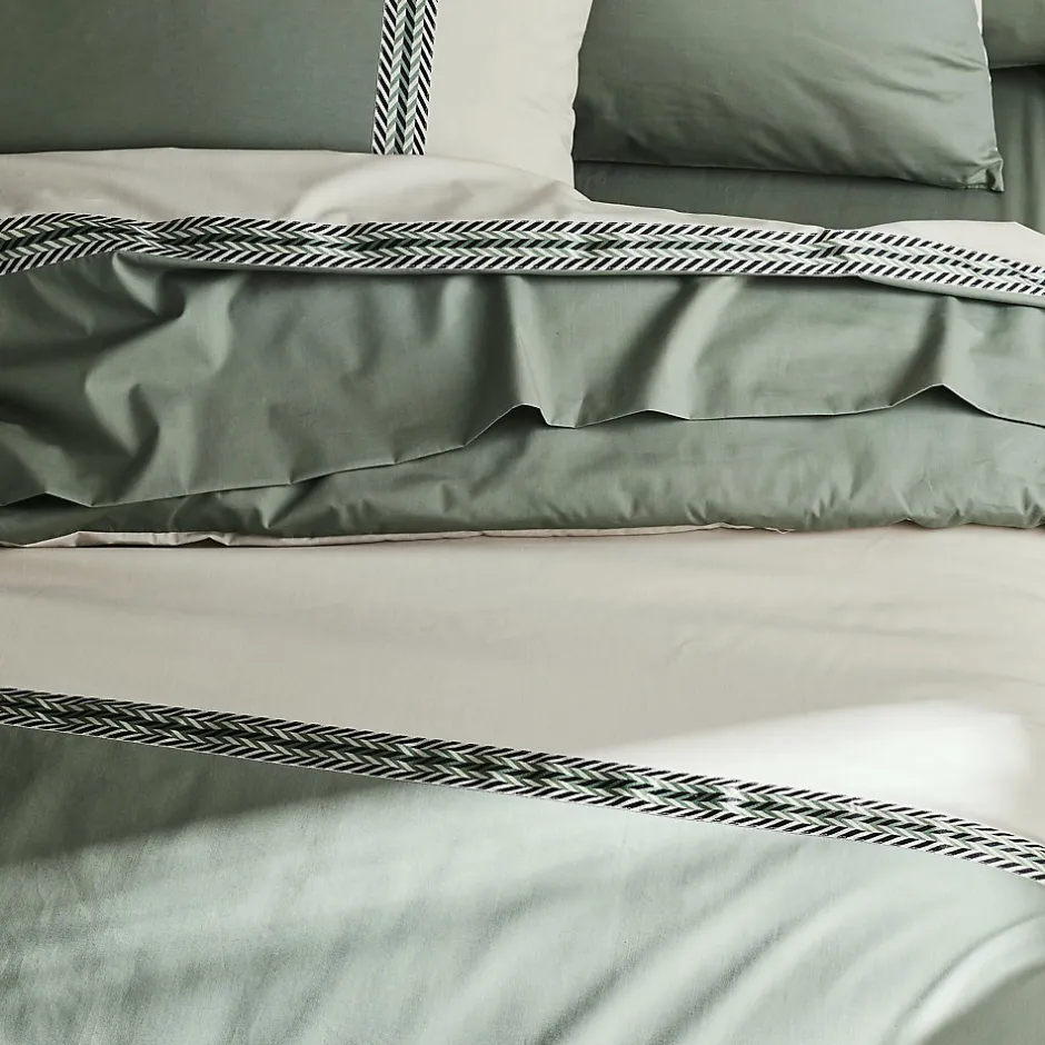 Tradilinge Housse de couette en percale de coton au galon géométrique (240x220 cm - Vert Olive)