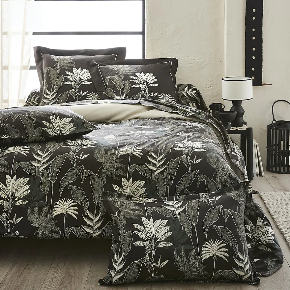Tradilinge Housse de couette en satin aux feuilles tropicales (200x200 cm - Gris anthracite) Clearance