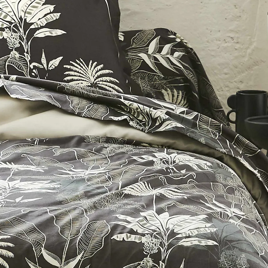Tradilinge Housse de couette en satin aux feuilles tropicales (260x240 cm - Gris anthracite)