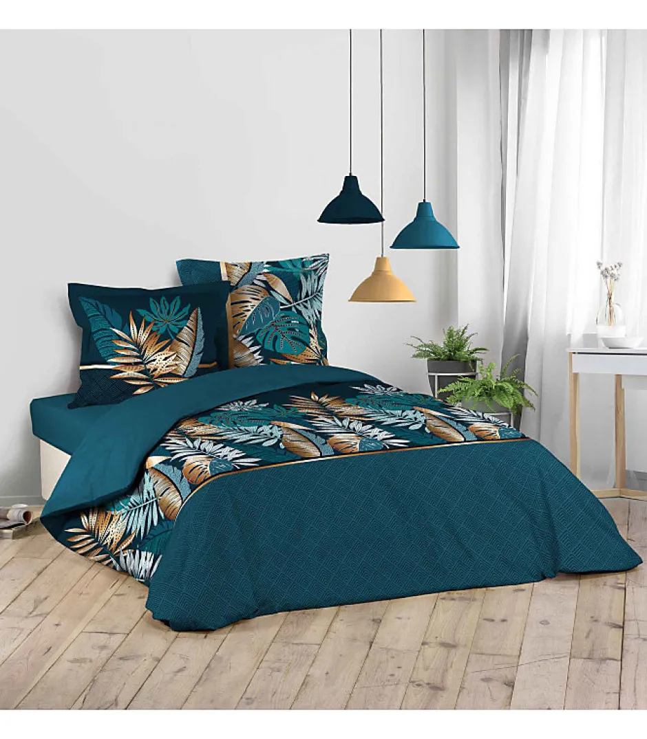 Douceur D'Intérieur Housse de couette imprimé allover 42 fils "Alianor" - 240x260cm - Bleu canard Clearance