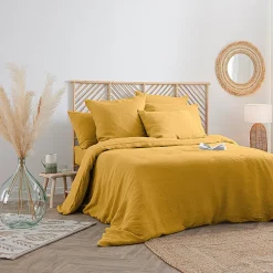 Atmosphera Créateur D'Intérieur Housse de couette Linah - jaune ocre - lin lavé 240x220 cm - Atmosphera