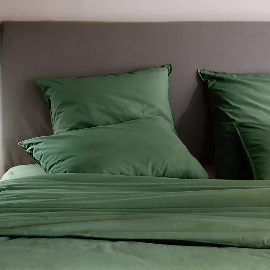 Linnea Housse de couette PALACE pur coton lavé 240x220 cm uni vert cedre Discount