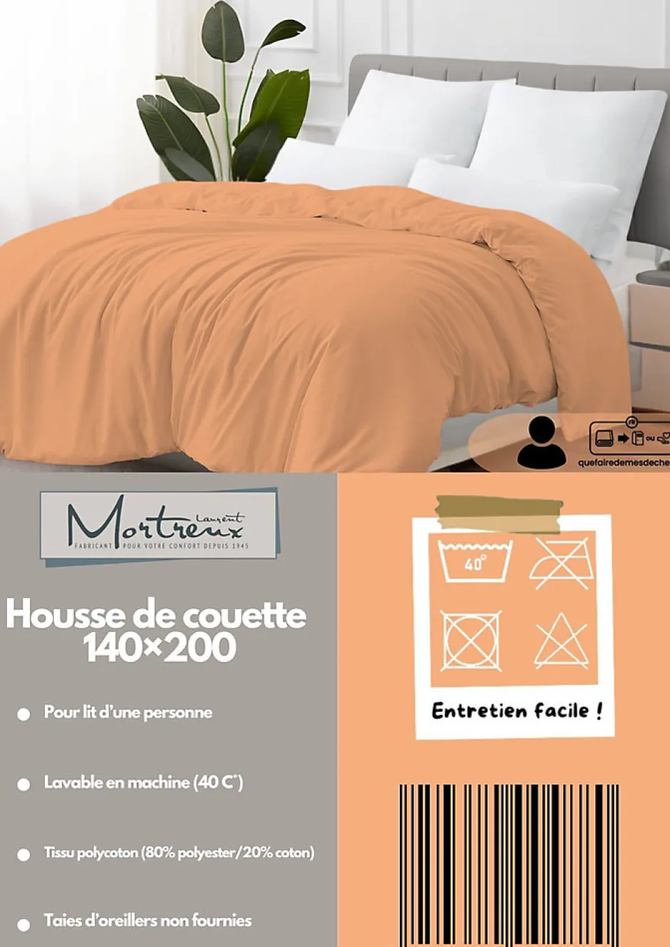 Mortreux Housse de couette Polycoton Pêche - 1 personne 140 x 200 - 488-3