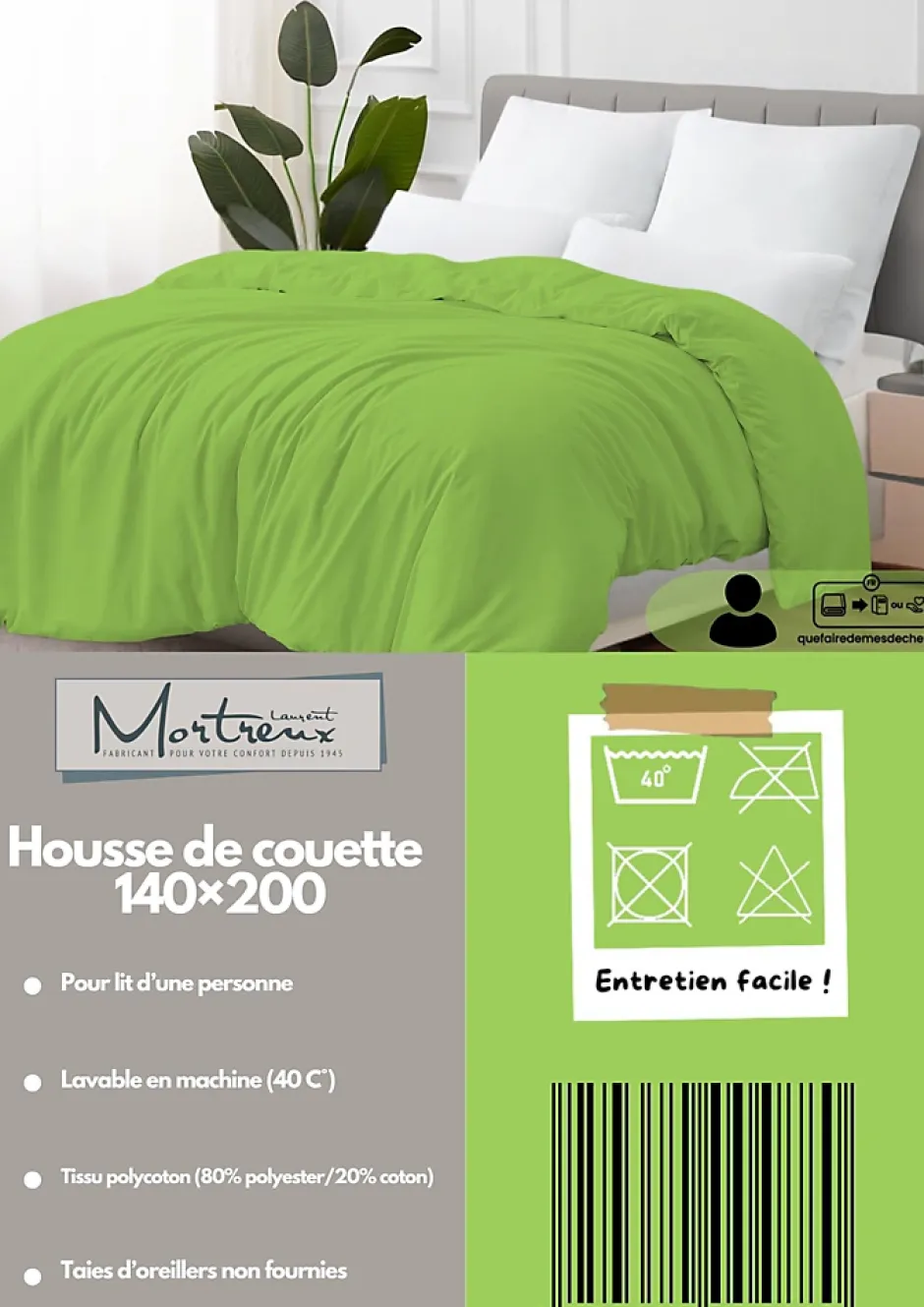 Mortreux Housse de couette Polycoton Verte - 1 personne 140 x 200 - 488-2 New