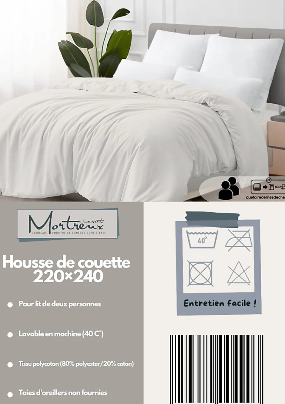 Mortreux Housse de couette Polycoton Blanc - 2 personnes 220 x 240 - Toutes saisons -