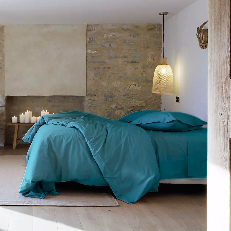 Linnea Housse de couette uni 240x220 cm percale de coton MANOIR bleu Lagon