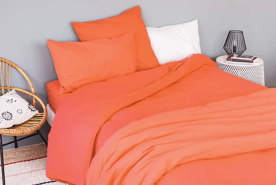 Toison d'Or Housse de couette unie en coton Lavé (200x200 cm - Orange corail) Clearance