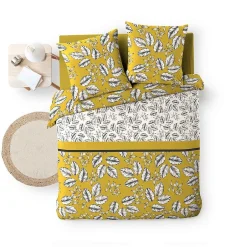 100Comfort Housse de couette 260x240 + 2 taies Marjolaine ocre coton 52 fils