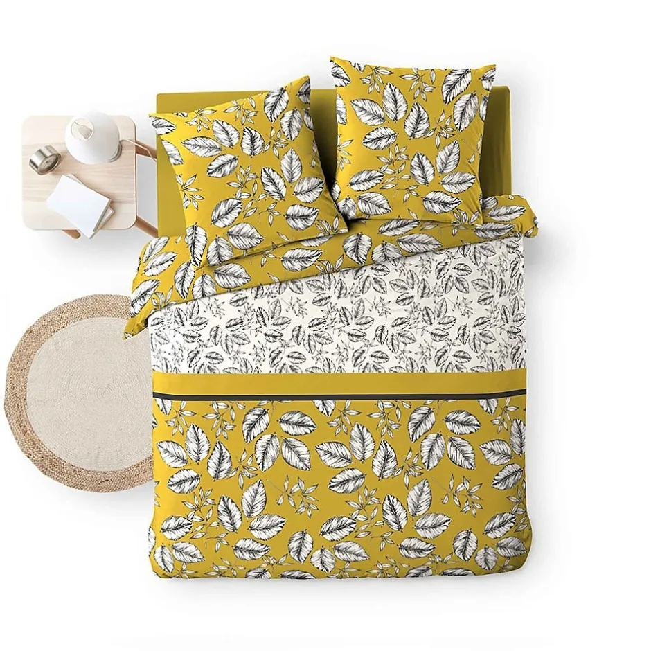 100Comfort Housse de couette 260x240 + 2 taies Marjolaine ocre coton 52 fils