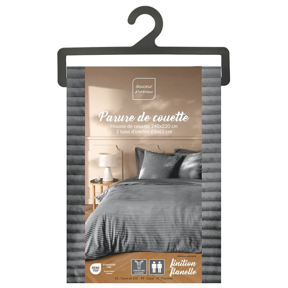 Douceur D'Intérieur Housse de couette 240x220 + 2 taies anthracite finition flanelle