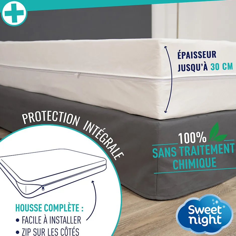 Sweetnight Housse intégrale matelas - Anti-Punaise de lit - Fermeture à glissière - Sans traitement chimique - Ep. jusqu'à 30 cm