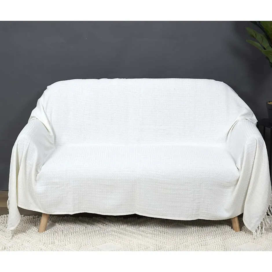 The Home Deco Factory Jeté de canapé en coton gaufré 170x250 cm Ivoire Sale