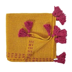 The Home Deco Factory Jeté de canapé surpiqué pompons jaune 130x150 cm