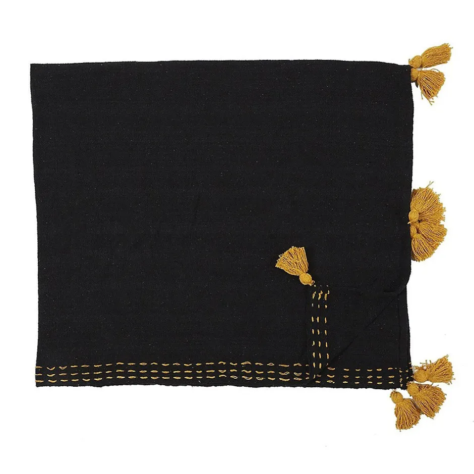The Home Deco Factory Jeté de canapé surpiqué pompons noir 130x150 cm