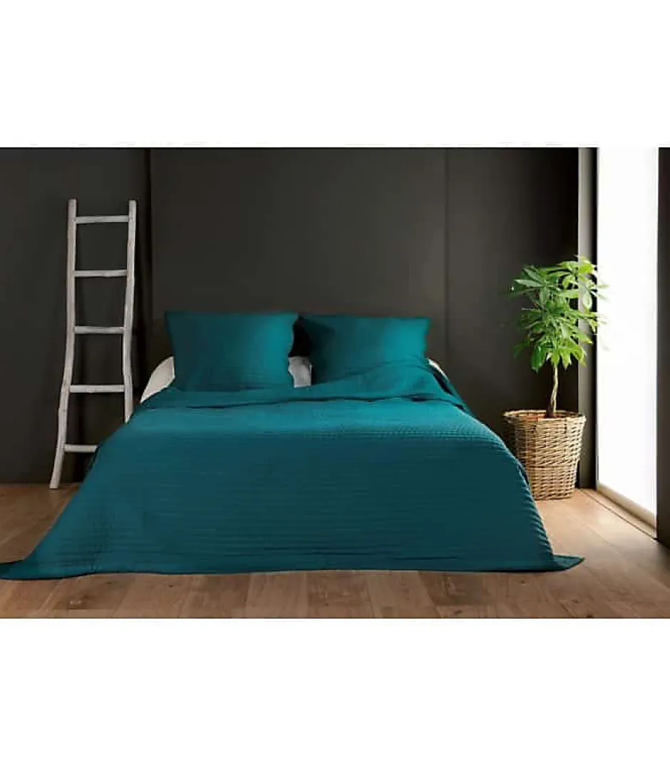 Linder Jeté de lit bleu canard capitonné style boutis - 250x260cm - Bleu canard