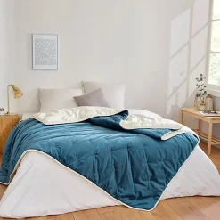 Toison d'Or Jeté de lit réversible en velours et microfibre (150x200 cm - Bleu Paon) Sale