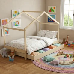 Enfant Weber KOALA Lit cabane enfant avec tiroir - Bois pin massif - Naturel - Sommier inlcus - 90x190cm