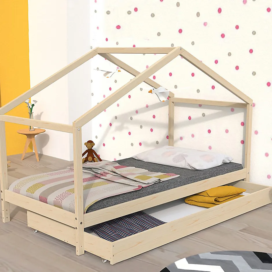 Enfant Weber KOALA Lit cabane enfant avec tiroir - Bois pin massif - Naturel - Sommier inlcus - 90x190cm
