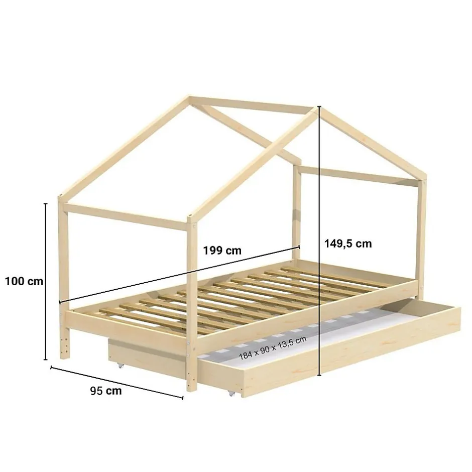 Enfant Weber KOALA Lit cabane enfant avec tiroir - Bois pin massif - Naturel - Sommier inlcus - 90x190cm