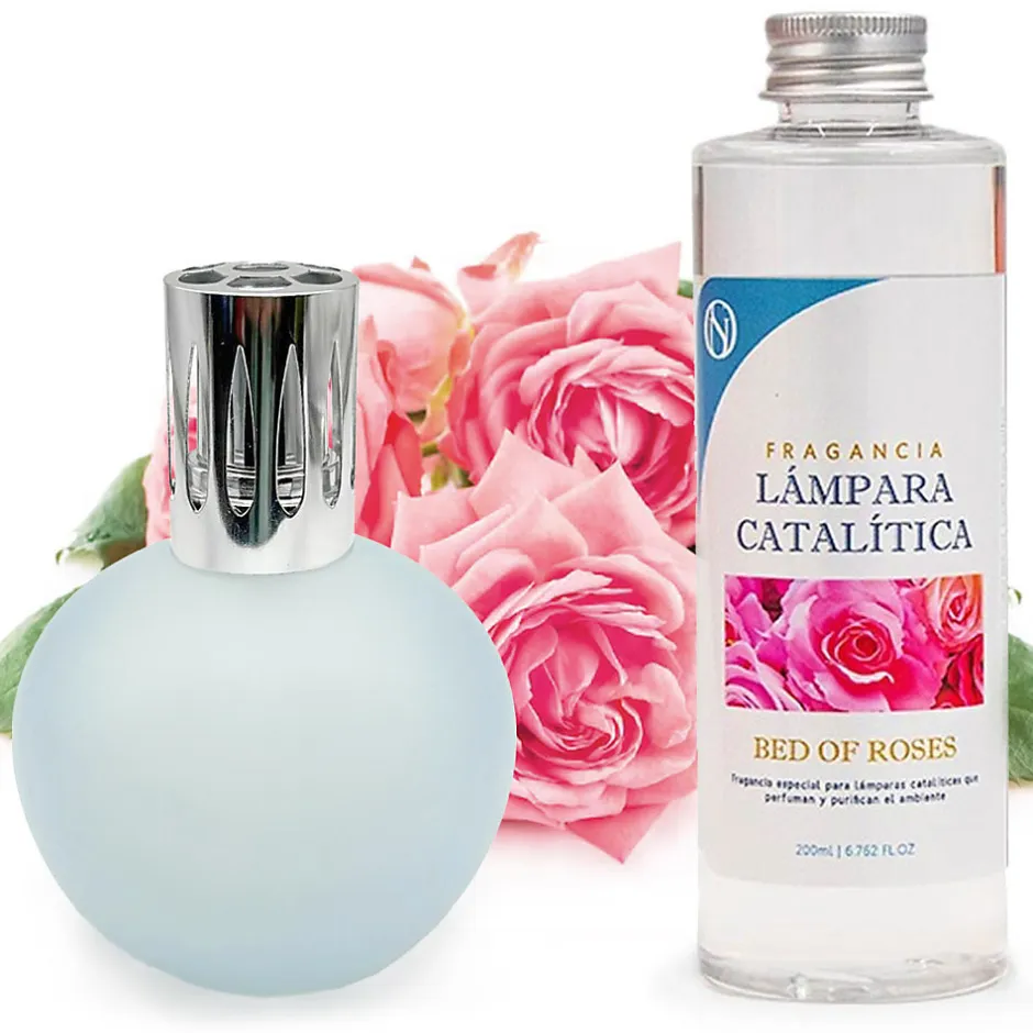 Mamamanuela Lampe catalytique Bleu Gris Mat + Parfum Bed of Roses 200 ml - Élimine mauvaises odeurs, parfume et améliore la qualité de l'air