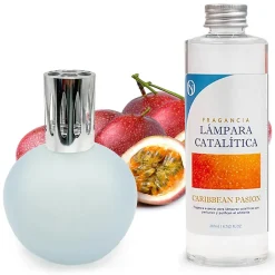 Mamamanuela Lampe catalytique Bleu-Gris Mat + Parfum Caribbean Passion 500ml. Élimine mauvaises odeurs, parfume et améliore qualité de l'air