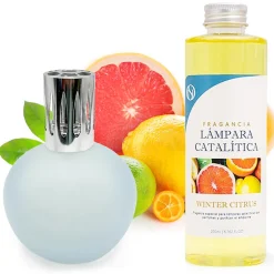 Mamamanuela Lampe catalytique Bleu-Gris Mat + Arôme Winter Citrus 500 ml - Élimine mauvaises odeurs, parfume et améliore la qualité de l'air