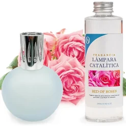 Mamamanuela Lampe catalytique Bleu-Gris mat + Parfum Bed of Roses 500 ml - Élimine mauvaises odeurs, parfume et améliore la qualité de l'air