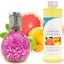 Mamamanuela Lampe catalytique Mosaïque Fuchsia + Parfum Winter Citrus 200 ml - Élimine mauvaises odeurs, parfume et améliore qualité de l'air