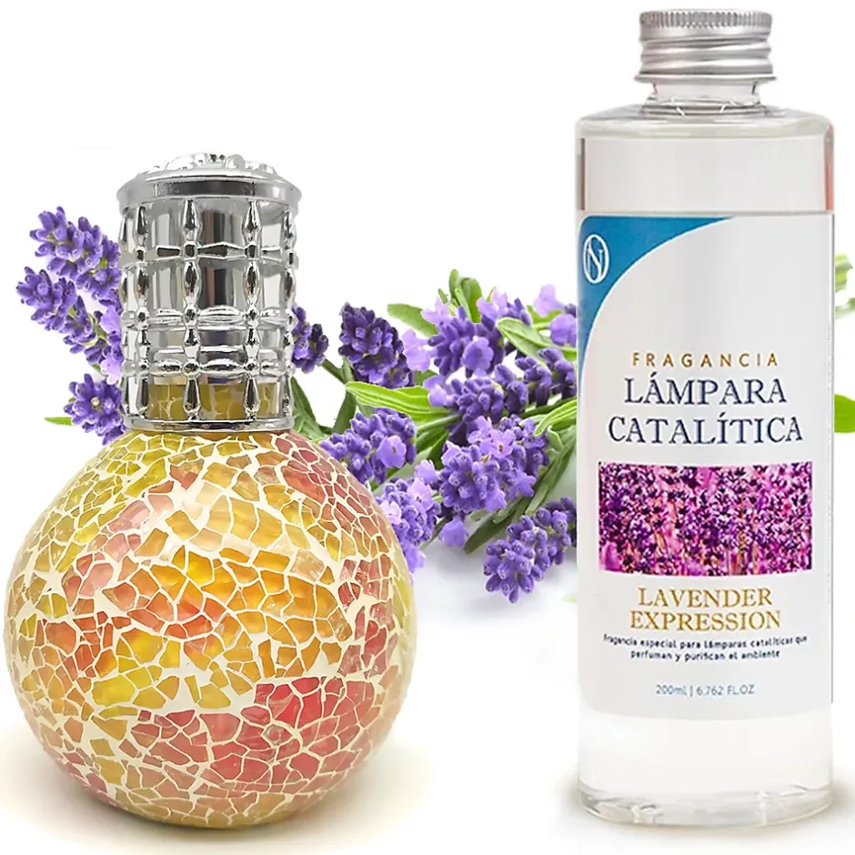Mamamanuela Lampe catalytique Mosaïque Bicolore + Parfum Lavender Expression 200ml. Élimine mauvaise odeur parfume et améliore qualité de air Hot