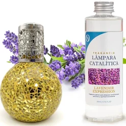 Mamamanuela Lampe catalytique Mosaïque Doré + Parfum Lavender Expression 500ml. Élimine mauvaises odeurs, parfume et améliore qualité de l'air Outlet