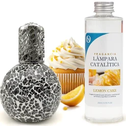 Mamamanuela Lampe catalytique Mosaïque Noir + Parfum Lemon Cake 500 ml - Élimine les mauvaises odeurs, parfume et améliore la qualité de l'air