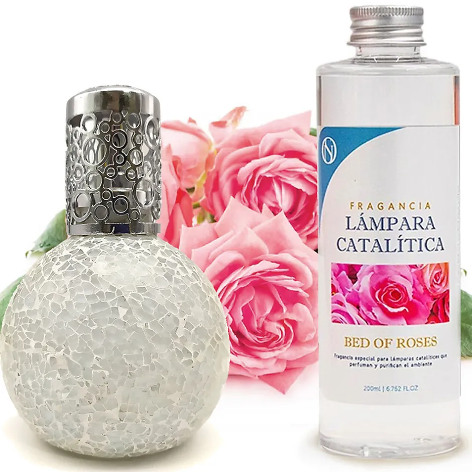 Mamamanuela Lampe catalytique Mosaïque Blanc + Parfum Bed of Roses 500 ml - Élimine mauvaises odeurs, parfume et améliore la qualité de l'air