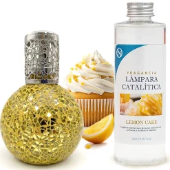 Mamamanuela Lampe catalytique Mosaïque Doré + Parfum Lemon Cake 500 ml - Élimine mauvaises odeurs, parfume et améliore la qualité de l'air