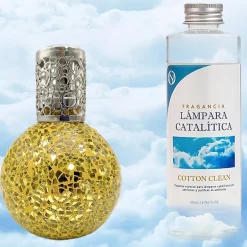 Mamamanuela Lampe catalytique Mosaïque Doré + Parfum Cotton Clean 200 ml - Élimine mauvaises odeurs, parfume et améliore la qualité de l'air