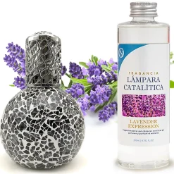 Mamamanuela Lampe catalytique Mosaïque Noir + Parfum Lavender Expression 200ml. Élimine mauvaises odeurs, parfume et améliore qualité de l'air