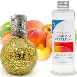 Mamamanuela Lampe catalytique Mosaïque Doré + Arôme Peach Velvet 200 ml - Élimine mauvaises odeurs, parfume et améliore la qualité de l'air