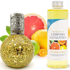 Mamamanuela Lampe catalytique Mosaïque Doré + Arôme Winter Citrus 500 ml - Élimine mauvaises odeurs, parfume et améliore la qualité de l'air