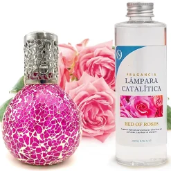 Mamamanuela Lampe catalytique Mosaïque Fuchsia + Parfum Bed of Roses 200 ml - Élimine mauvaises odeurs, parfume et améliore qualité de l'air